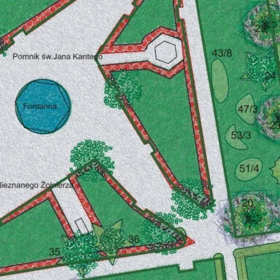 Kolorowy projekt parku z fontanną i alejkami